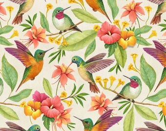 Humming bird & Tropical Florals fabric - Hummingbirds collection by Rosie Dore for Timeless Treasures - 100% cotton fabric - Ships NEXT DAY
