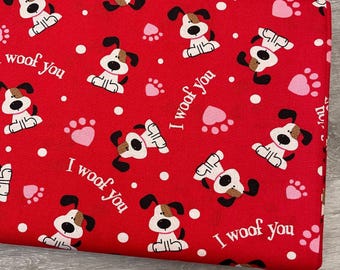 Dog Fabric - I Woof You - 100% cotton - Doggie Puppy Love Pet Pooch