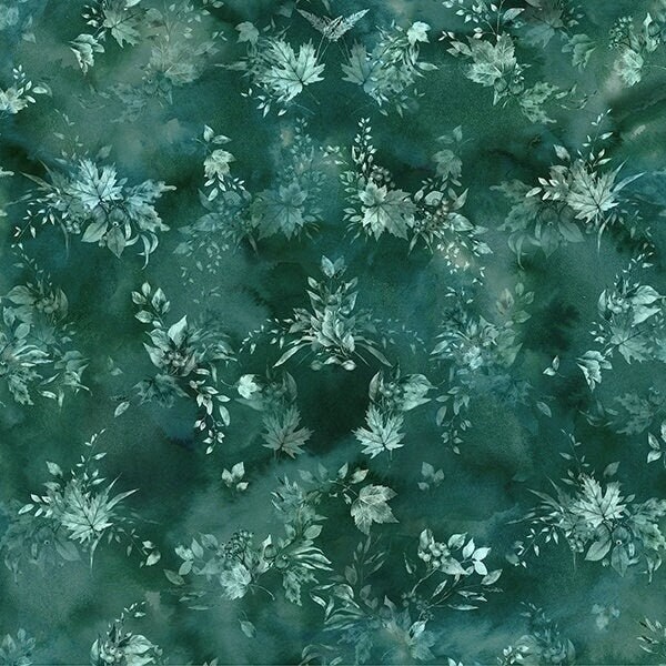 Hoffman Leaf fabric by the yard - Emerald - Forest Tales - 100% Cotton - forest material jewel tone leaves fall theme