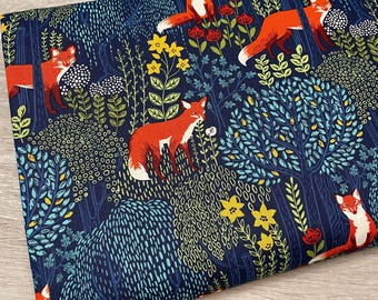 Fox Fabric - Into the Woods BLUE - 100% Cotton - Michael Miller - Woodland creatures forest animal material