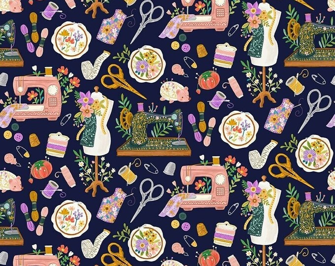 Sewing Theme Fabric Sewing Machines and Tools on Navy Timeless