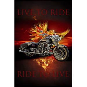 May include: A motorcycle with a black and chrome finish, set against a fiery red and orange background. The words "LIVE TO RIDE" and "RIDE TO LIVE" are in red text. The image evokes a sense of speed and freedom.