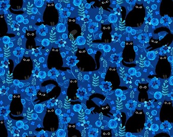 Cat fabric by the yard - Meow collection - StudioE - 100% Cotton - Black Cat material cat theme floral kitty flower kitten - Ships NEXT DAY