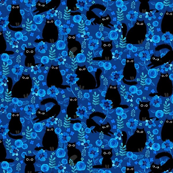 Cat fabric by the yard - Meow collection - StudioE - 100% Cotton - Black Cat material cat theme floral kitty flower kitten - Ships NEXT DAY