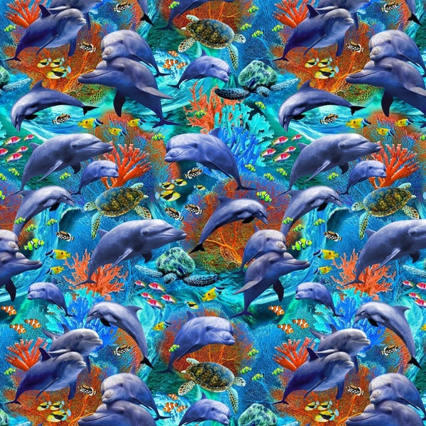 Dolphin Fabric - Michael Miller Jewels of the Sea - 100% Cotton - Ocean Fabric Beach Print Sea Life