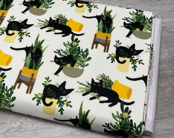 Cat fabric - Dear Stella - Just Purrlanted- 100% Cotton - Black Cat Gardening kitty garden pot