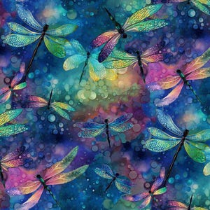 May include: A vibrant pattern featuring multiple dragonflies with iridescent wings. The dragonflies are in shades of blue, green, pink, and yellow against a colorful, blurred background. The design evokes a sense of nature and fantasy.