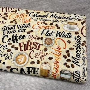 Coffee fabric - Fresh Brewed Words Cream by Benartex - 100% Cotton - Cafe theme Americano Latte Mocha Hot Coffee Quilting Cotton