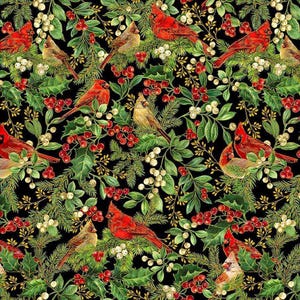 Cardinal Fabric - METALLIC - Christmas Magic - Timeless Treasures - Winter Holiday Birds