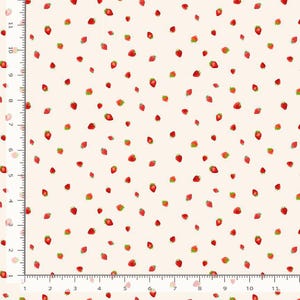 May include: A fabric with a repeating pattern of red strawberries with green leaves scattered across a cream-colored background. The strawberries vary in size and are evenly spaced, creating a playful and cheerful design.