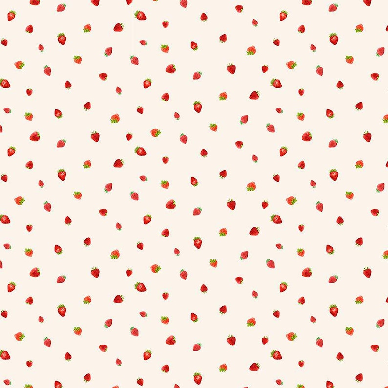 May include: A repeating pattern of red strawberries with green leaves scattered across a cream-colored background. The strawberries vary in size and are evenly spaced, creating a playful and summery design.