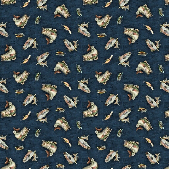 Fishing Fabric Back Country Digital Fish Light Navy 100% Cotton Clothworks  Bass Fish Material Fish Quilting Cotton 