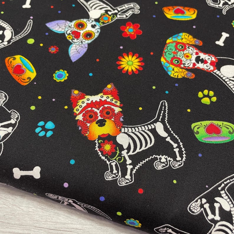 Colorful Dog Fabric - Sugar Skulls Day of the Dead - Timeless Treasures ...