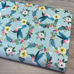 Hummingbird Fabric - Tropical Menagerie Collection - 7382-16 Aqua - 100% cotton fabric by StudioE - Floral Hummingbird Wreath Fabric
