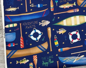 Lake Fabric - Benartex - 100% Cotton - Lake Life Navy - Water Fishing Outdoors Canoe Boating