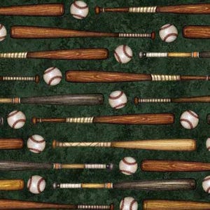 Baseball fabric - Bats & Baseballs - Forest- 100% Cotton - QT Fabrics - Bases Loaded - Sports