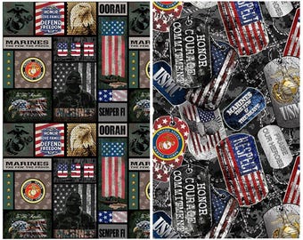 Marines fabric - U.S. Military - Marines dog tags - Sykel - 100% Cotton Fabric - USMC US Marines