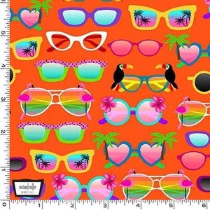 Sunglasses on orange - Beach fabric - Let's Get Tropical by Michael Miller - 100% Cotton Fabric - Pool Party Hawaiian Luau
