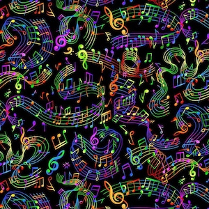 May include: A black background is covered with a vibrant pattern of musical notes, treble clefs, and musical staffs. The notes and symbols are rendered in a rainbow of colors, including red, orange, yellow, green, blue, and purple.