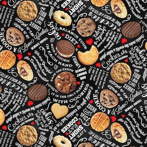 May include: A black background is covered with various cookies, including chocolate chip, peanut butter, and heart-shaped cookies. White text and red hearts are scattered throughout the image, with phrases like "Cookies" and "Love Cookies."