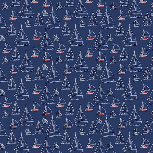 Sailboat Fabric on Navy - Small Scale - Red White & Bang! Collection by Sandy Gervais for Riley Blake - 100% Cotton Fabric