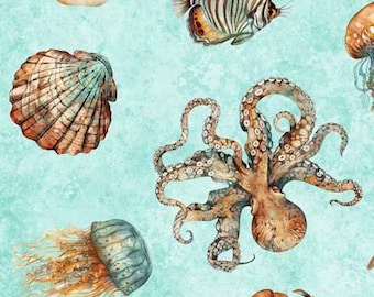 Sea Creature Fabric - Lt Turquoise - QT Fabrics - 100% Cotton - Ocean Life