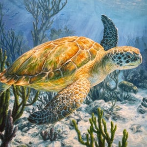 May include: An underwater painting of a sea turtle swimming in a coral reef. The turtle has a yellow and green shell, with a patterned design. The water is a light blue, and the coral is green and purple.