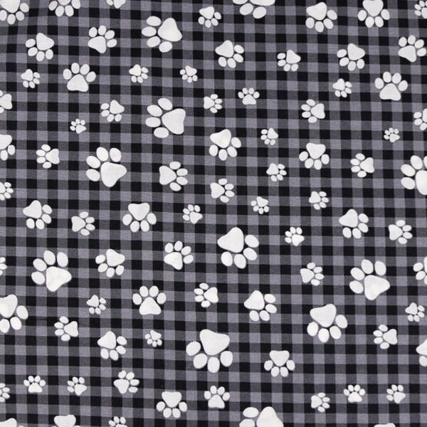 Paw Print fabric - Black and White Buffalo Check - Dog Paw Cat Paw - Dog Fabric - Check fabric