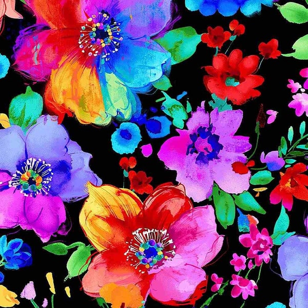 Colorful Floral Fabric - Large Bright Painted Florals - Untamed Beauty - 100% Cotton - Chong A Hwang for Timeless Treasures