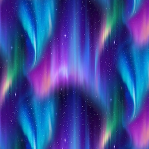 May include: A digital pattern featuring a vibrant aurora borealis effect with flowing vertical streaks of deep purple, bright blue, and emerald green light against a dark night sky filled with scattered white stars and small glowing points.