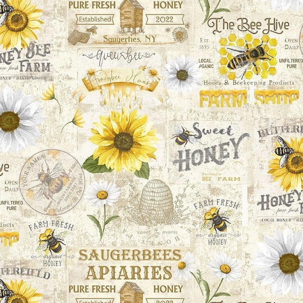 Honey Bee Farm fabric - Vintage Bee Farm Sign - Timeless Treasures - 100% Cotton Fabric -  Bee Hive Queen Bee Apiaries