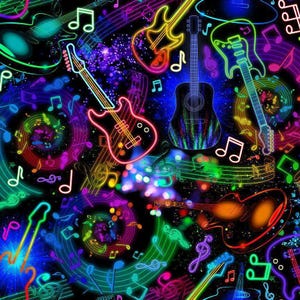Neon Guitars and Music Notes - 100% Cotton Fabric from Timeless Treasures - I&#39;m with the Band