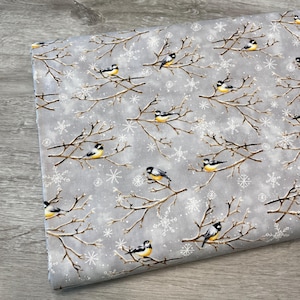 Chickadee Bird fabric - Bundle-Up collection by Barb Tourtillotte for Henry Glass - 100% Cotton - Snow Bird on tree branch