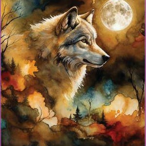 May include: A fabric panel featuring a wolf portrait against a full moon and dark, abstract forest background. The text 16250105P-01 Twilight Pack Panel 91.44 cm x 110.49 cm is printed at the bottom. The artwork uses warm orange, brown, and deep blue tones.
