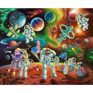 May include: A vibrant, colorful illustration of astronauts, planets, and spacecraft in outer space. The artwork features astronauts on a red planet, a lunar lander, and the American flag. Satellites, rockets, and various planets fill the background.