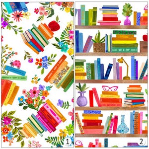 May include: A two-part illustration featuring a pattern of colorful books and flowers on the left, and a bookshelf filled with stacked books, potted plants, a desk lamp, and pink glasses on the right, with the numbers 1 and 2 at the bottom.