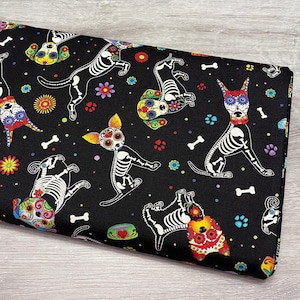 Colorful Dog Fabric - Sugar Skulls Day of the Dead - Timeless Treasures - 100% Cotton Fabric - Multicolor Sugar Skulls material - dog bones