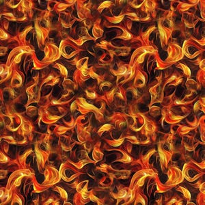May include: A seamless pattern featuring a fiery design. The image is dominated by swirling, flame-like shapes in shades of orange, yellow, and red against a dark background. The pattern creates a dynamic and energetic visual effect, suitable for various applications.
