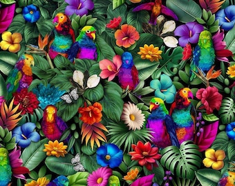 Tropical Floral and Birds fabric - 100% cotton - Timeless Treasures - Colorful bird material - parrots