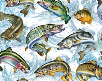 Fishing fabric - David Textiles Exclusive Print - Freshwater Fish - Fish Activity - 100% Cotton - Bass Trout Catfish Perch Quilting Cotton