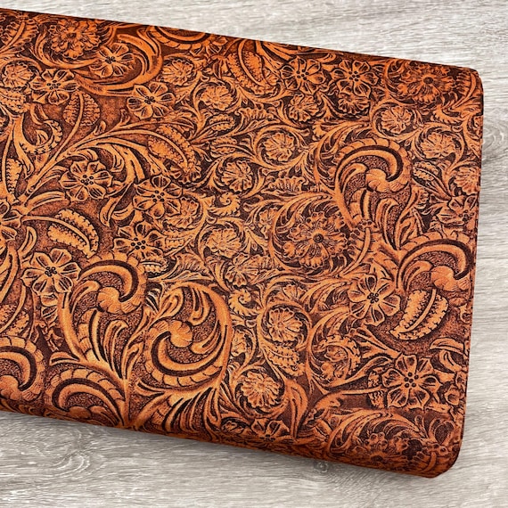 Tooled Leather COTTON Fabric Redwood Big Sky Country Collection Not Real Leather Faux Leather Floral Material Etsy