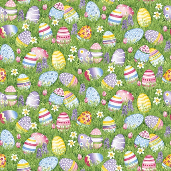 Easter Eggs on Grass - Henry Glass -  Hoppy Hunting - 100% Cotton - Easter Fabric