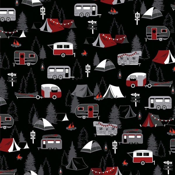 Gone Camping Fabric - 100% Cotton Fabric - Great Outdoors - Kanvas by Benartex - Fishing fabric Wilderness Cabin Hiking Tent