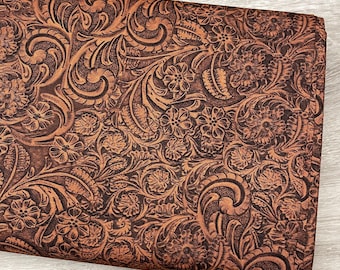 Tooled Leather COTTON Fabric - Mahogany - Big Sky Country Collection - Not real leather - Faux leather floral Material