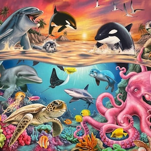 May include: A vibrant illustration of marine life, featuring dolphins, orcas, seals, and a variety of fish. The scene is split, with the top showing the ocean surface and the bottom revealing underwater life, including a sea turtle and a pink octopus.