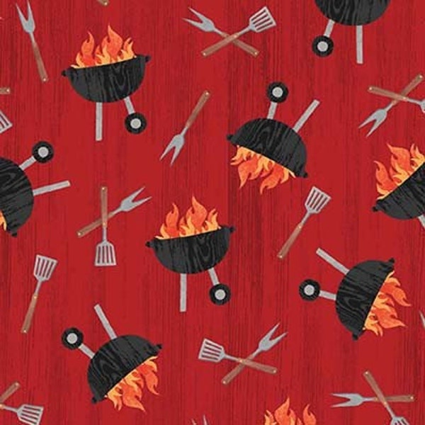 BBQ Grill Fabric - Michael Miller - 100% Cotton - Chill and Grill - Grilling Barbecue Cooking Chef Gift