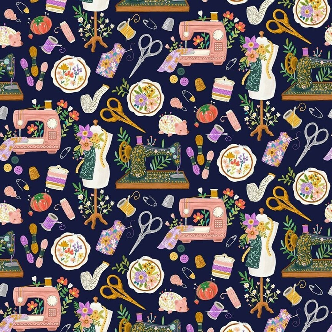 Sewing Theme Fabric Sewing Machines and Tools on Navy Etsy