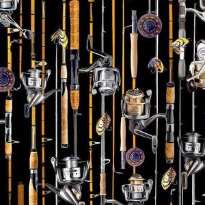 May include: A collection of fishing rods and reels against a black background. The rods have cork handles and are interspersed with silver reels and colorful fishing lures. The image has a repeating pattern of vertical lines in shades of yellow and black.