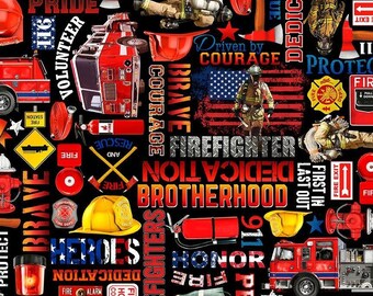 Firefighter Equipment and Text - Fire Department Collection by Timeless Treasures - 100% Cotton Fabric