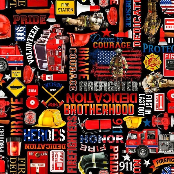 Firefighter Equipment and Text - Fire Department Collection by Timeless Treasures - 100% Cotton Fabric